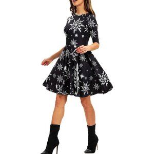 Women's Ugly Christmas Santa Black Dress Snowflake Holiday Print Dress for Xmas
